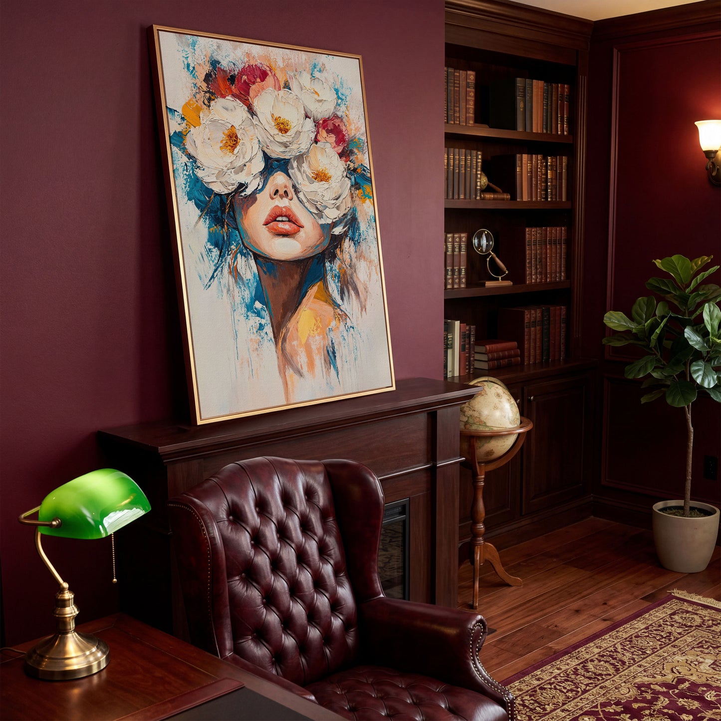 Floral Headdress Woman Portrait Canvas Art in antique gold floating frame