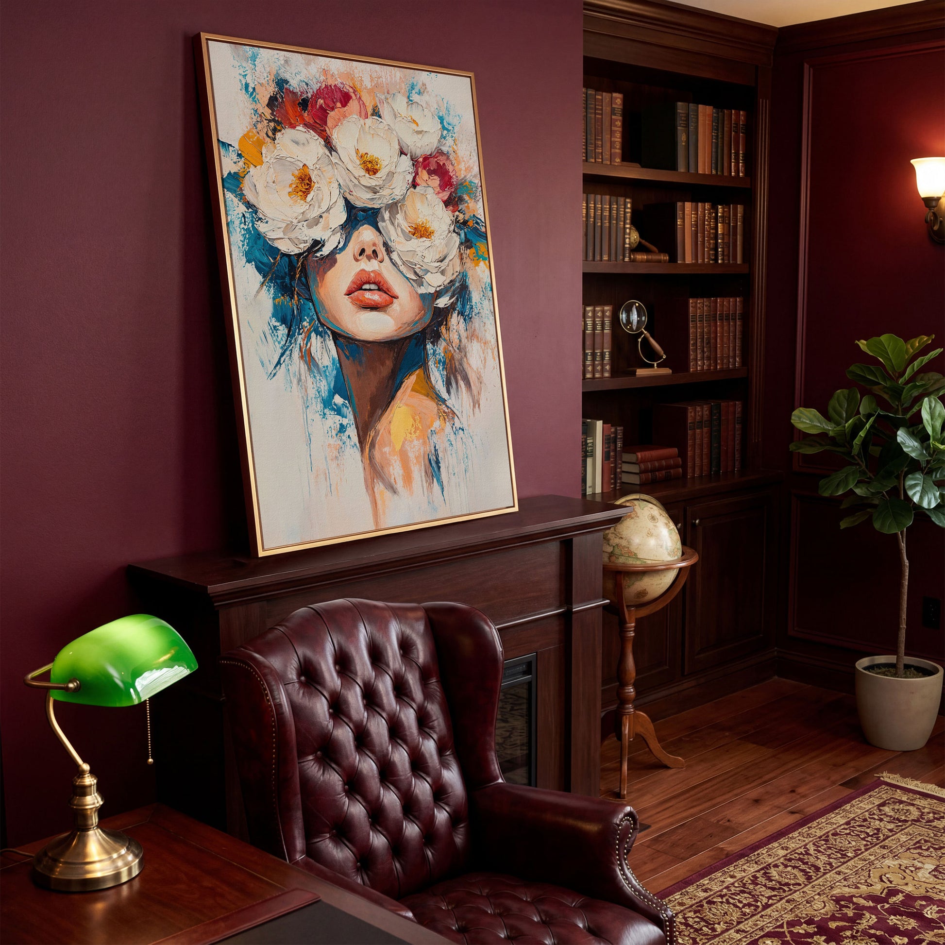 Floral Headdress Woman Portrait Canvas Art in antique gold floating frame
