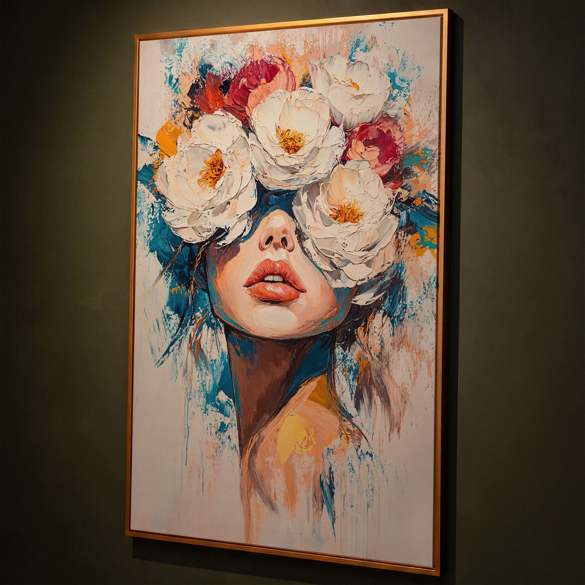 Floral Headdress Woman Portrait Canvas Art shown in antique gold floating frame