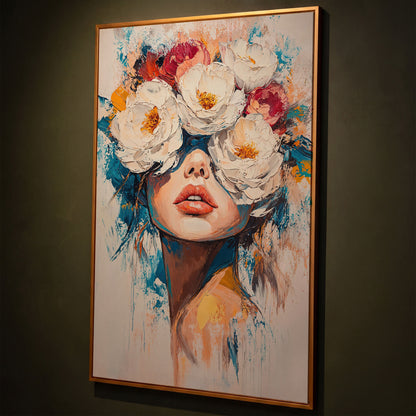 Floral Headdress Woman Portrait Canvas Art shown in antique gold floating frame