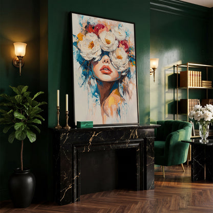 Floral Headdress Woman Portrait Canvas Art in black floating frame