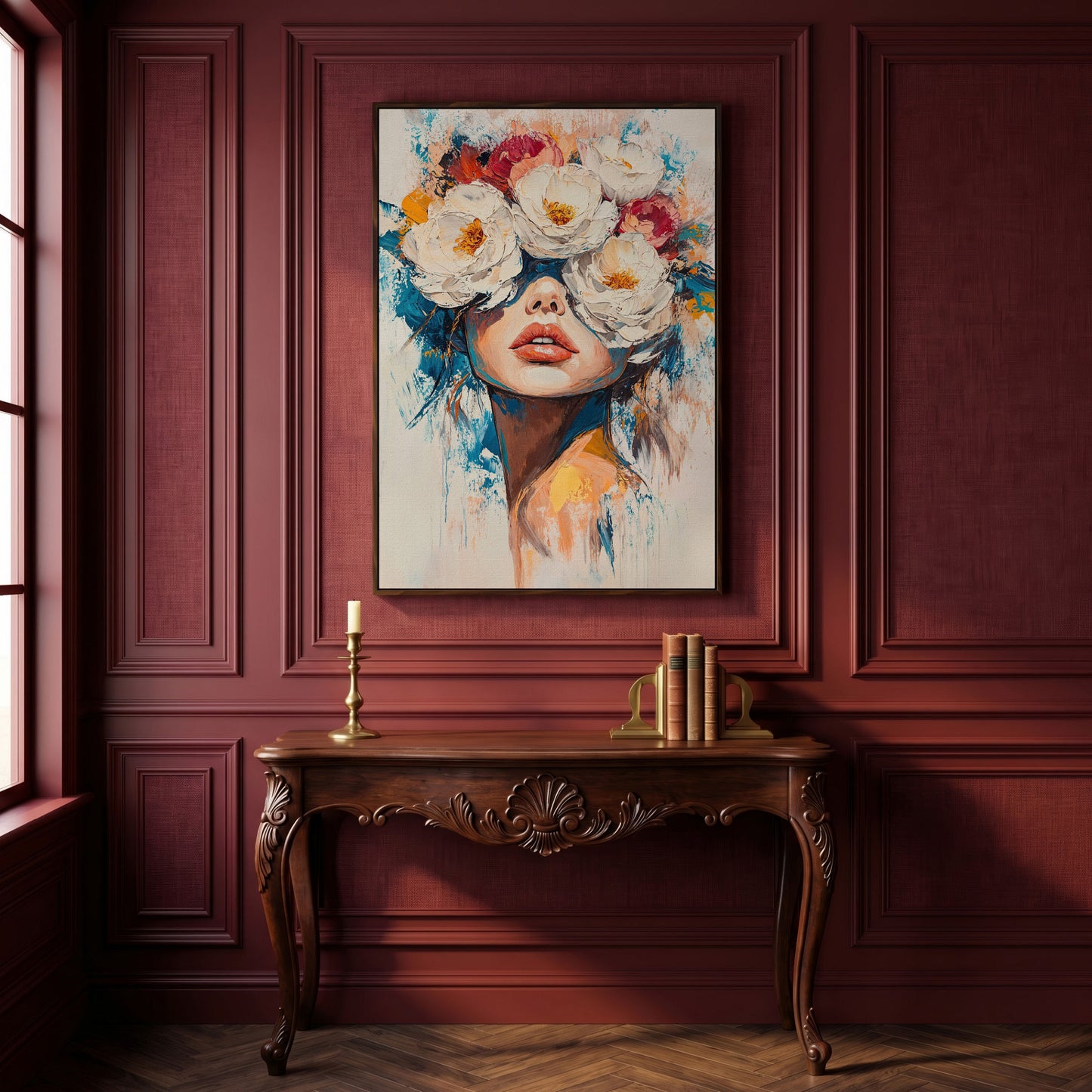 Floral Headdress Woman Portrait Canvas Art in dark walnut floating frame