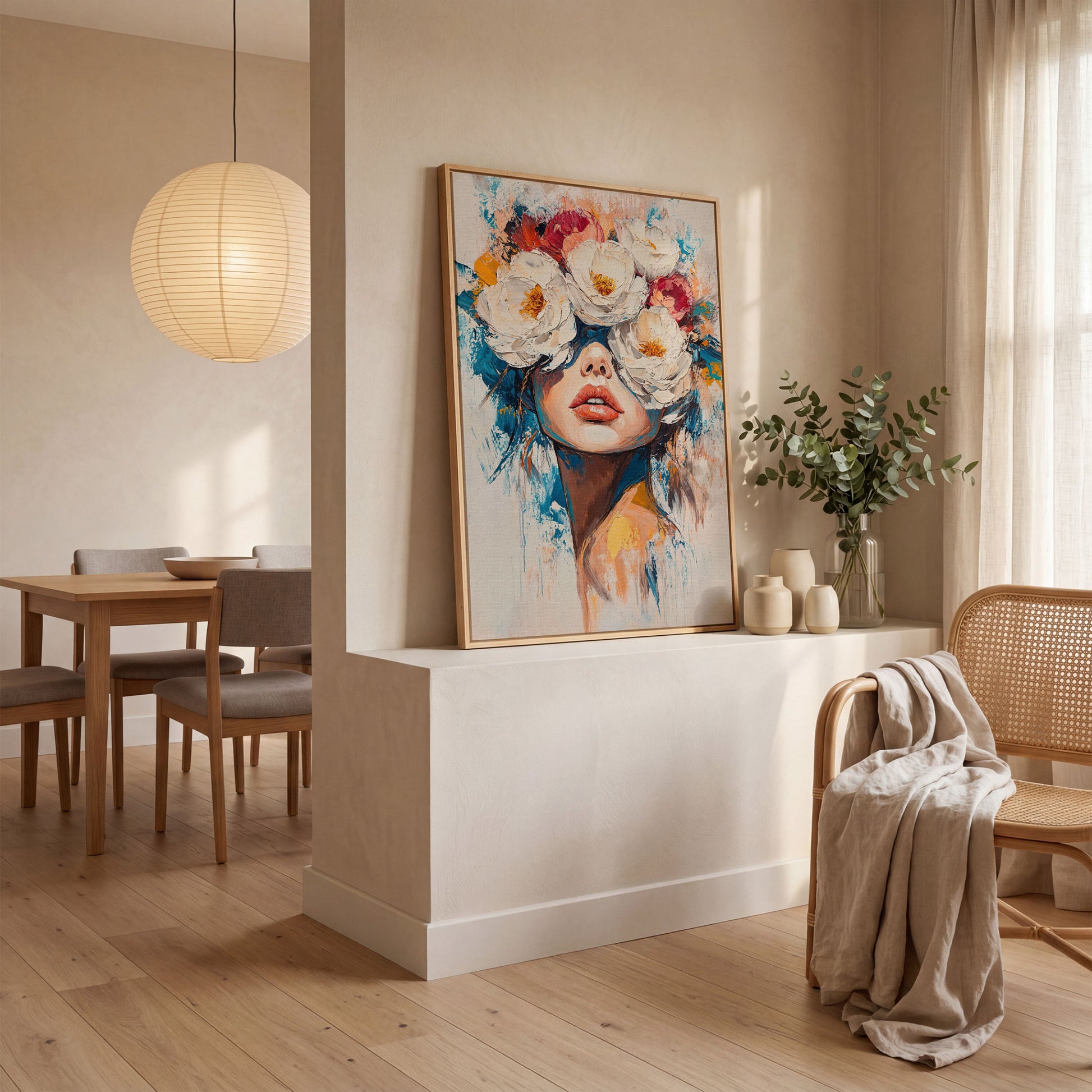 Floral Headdress Woman Portrait Canvas Art in white oak floating frame