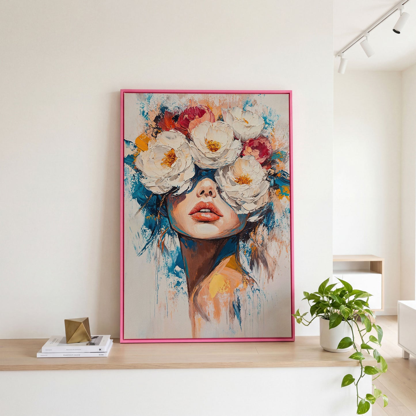 Floral Headdress Woman Portrait Canvas Art in pink floating frame