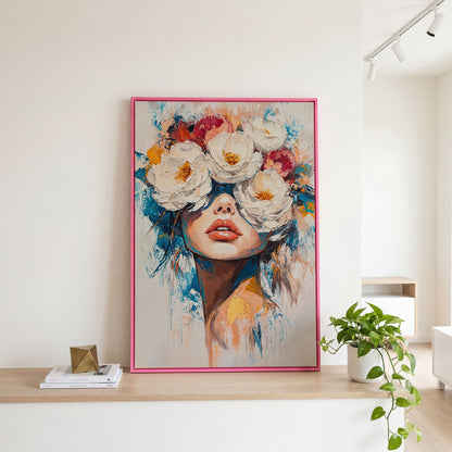 Floral Headdress Woman Portrait Canvas Art in pink floating frame