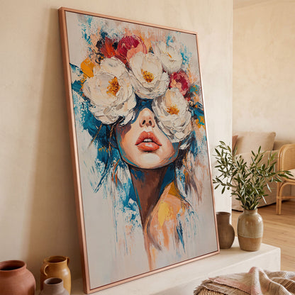 Floral Headdress Woman Portrait Canvas Art in rose gold floating frame