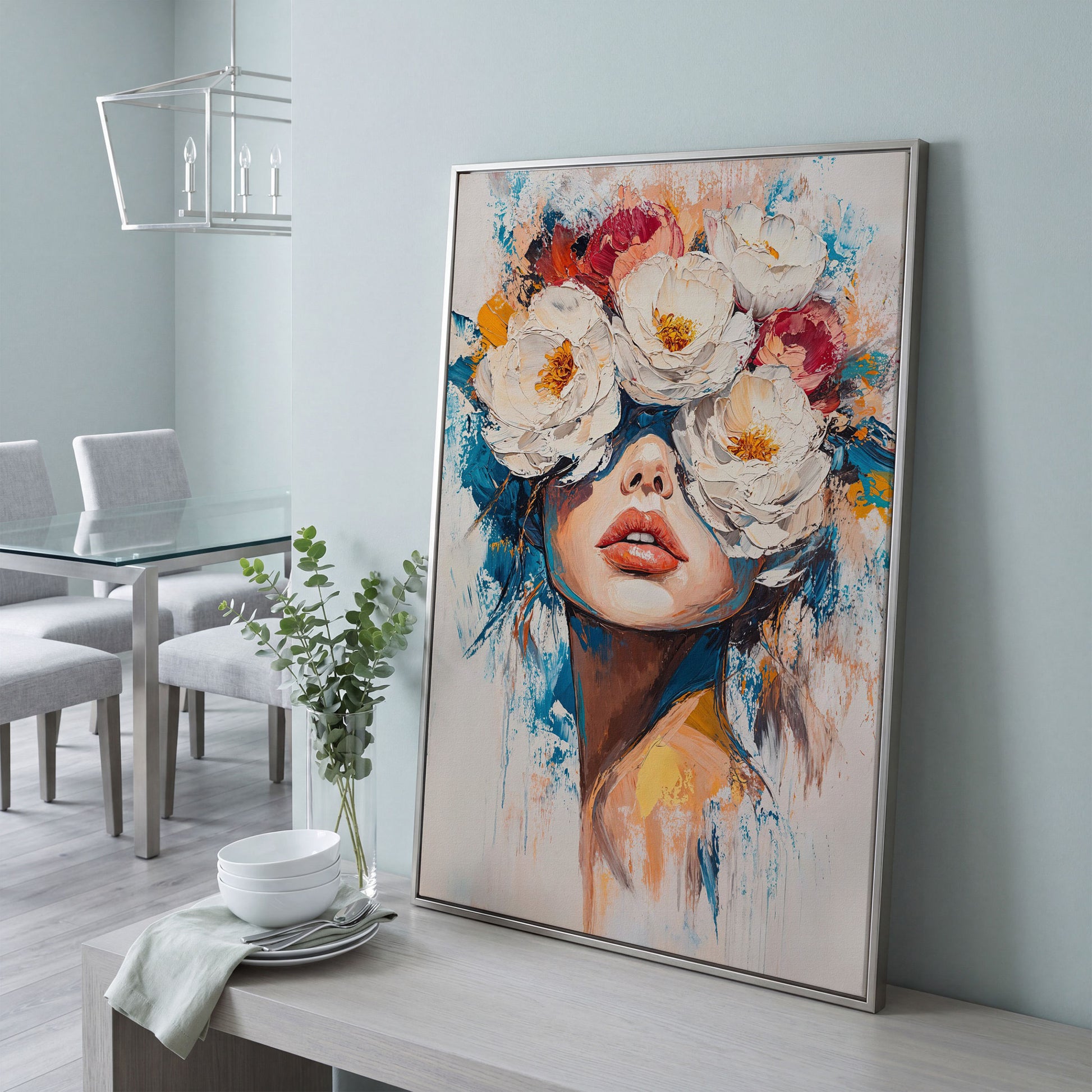 Floral Headdress Woman Portrait Canvas Art in silver floating frame