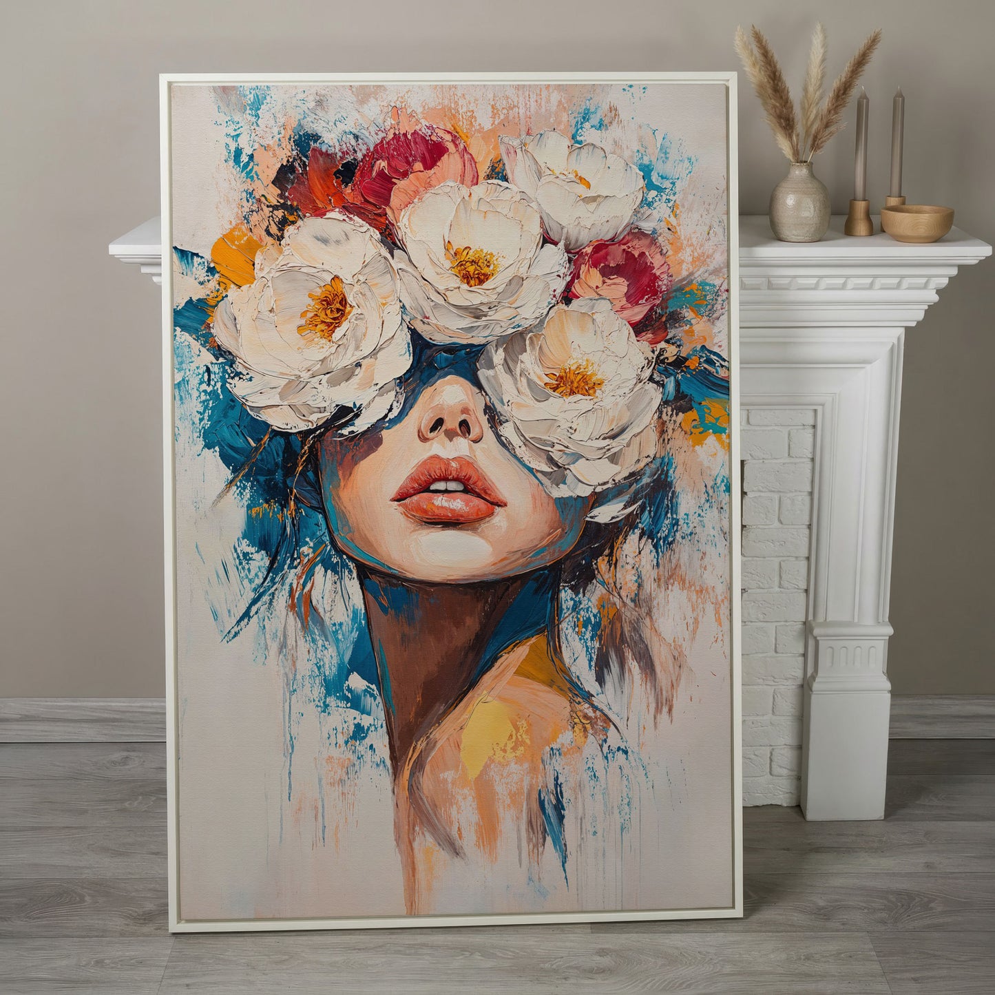 Floral Headdress Woman Portrait Canvas Art in white floating frame