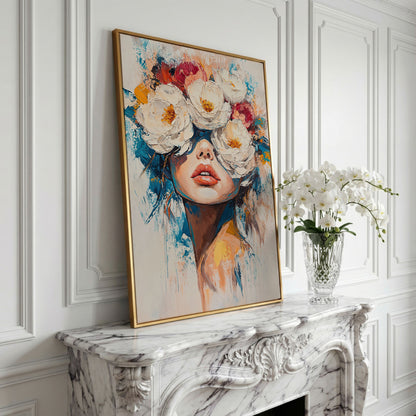 Floral Headdress Woman Portrait Canvas Art in yellow gold floating frame