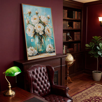White Peony Bouquet in Glass Jar. Floral Canvas Wall Art in antique gold floating frame
