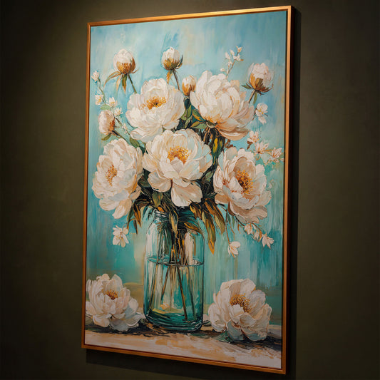 White Peony Bouquet in Glass Jar. Floral Canvas Wall Art shown in antique gold floating frame