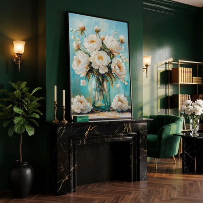 White Peony Bouquet in Glass Jar. Floral Canvas Wall Art in black floating frame