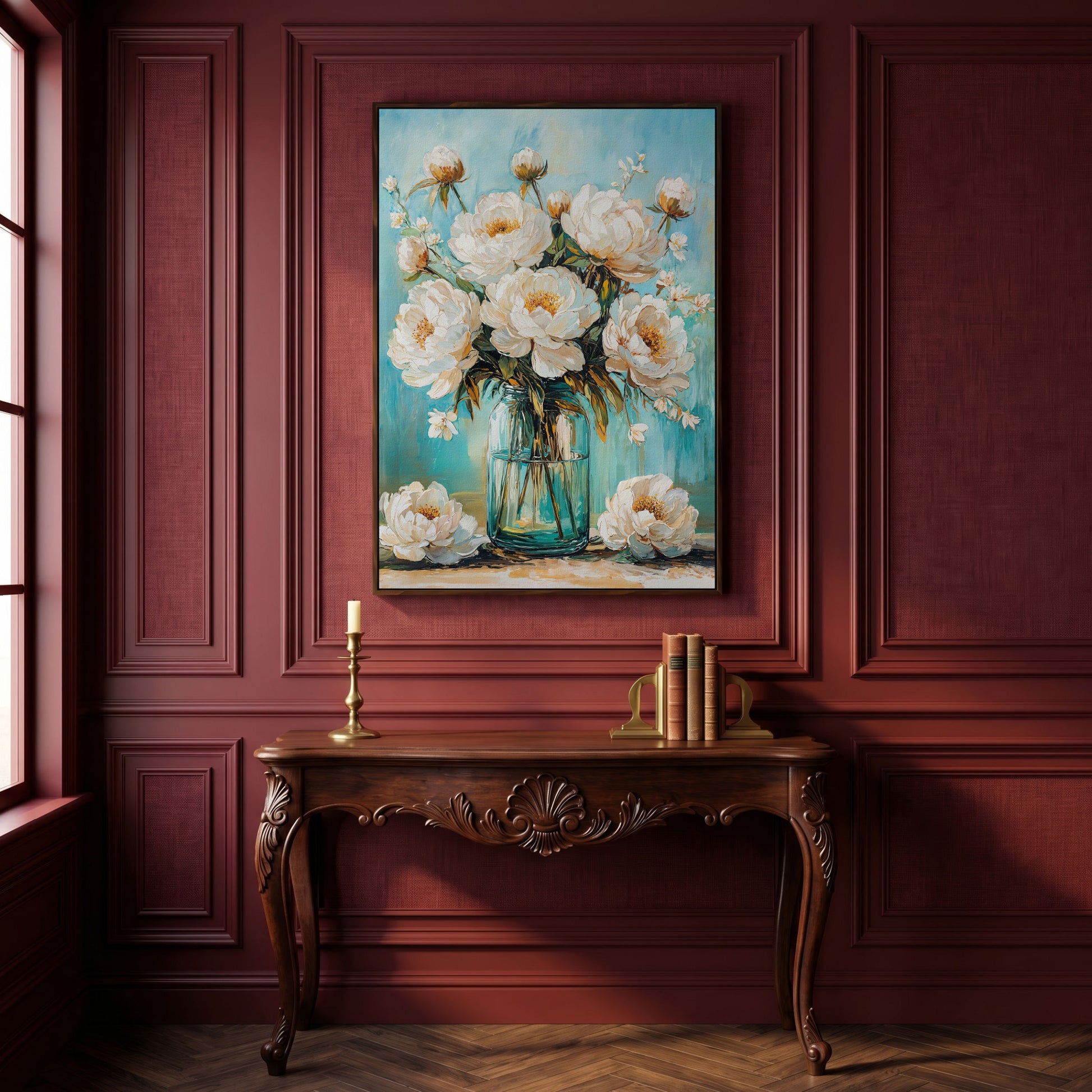 White Peony Bouquet in Glass Jar. Floral Canvas Wall Art in dark walnut floating frame