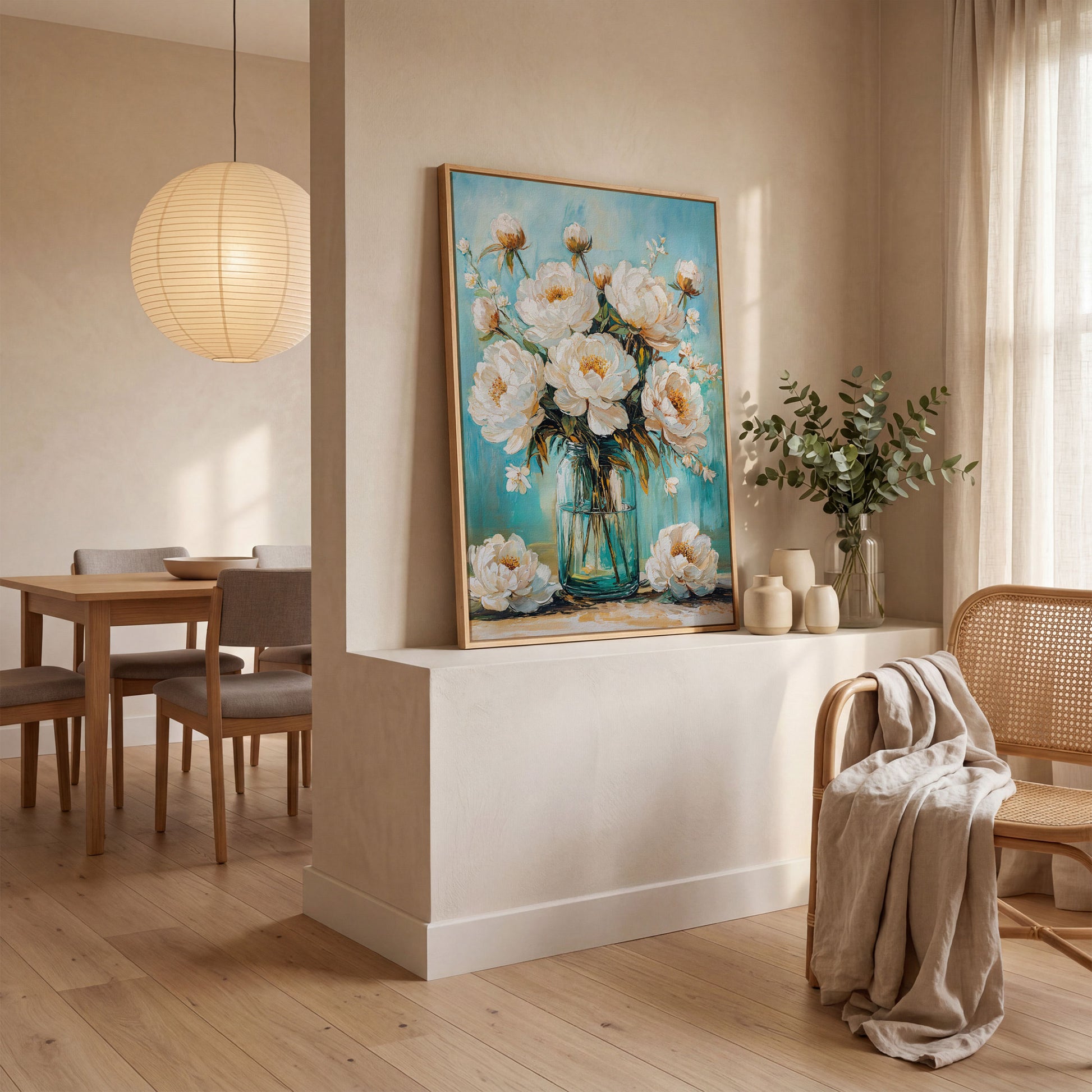White Peony Bouquet in Glass Jar. Floral Canvas Wall Art in white oak floating frame