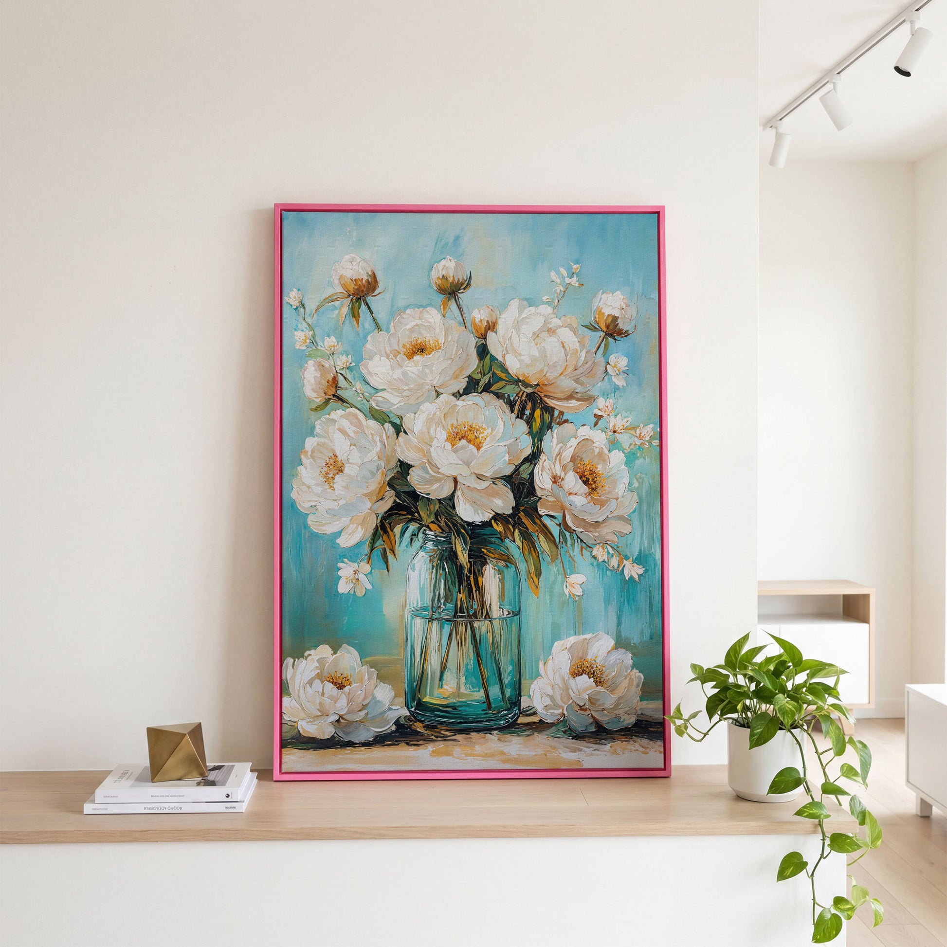 White Peony Bouquet in Glass Jar. Floral Canvas Wall Art in pink floating frame