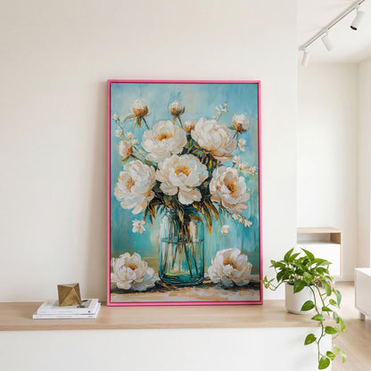 White Peony Bouquet in Glass Jar. Floral Canvas Wall Art in pink floating frame