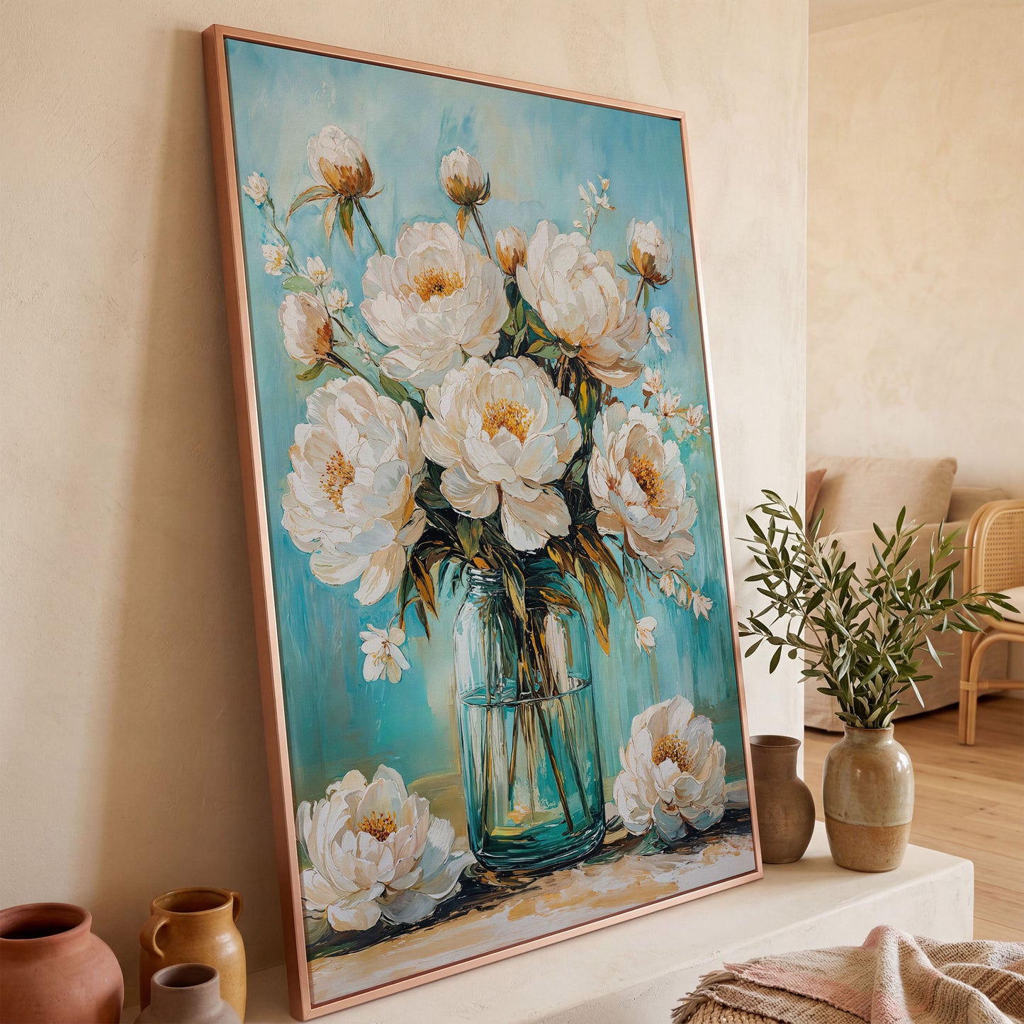 White Peony Bouquet in Glass Jar. Floral Canvas Wall Art in rose gold floating frame