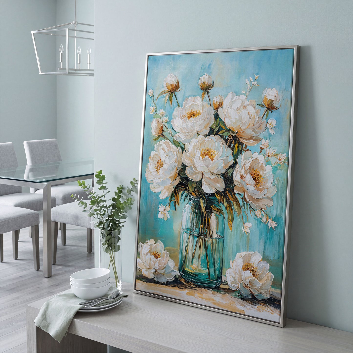 White Peony Bouquet in Glass Jar. Floral Canvas Wall Art in silver floating frame