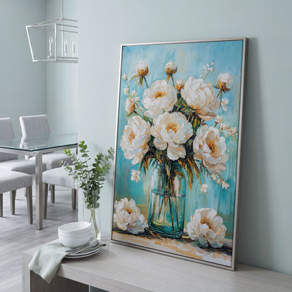 White Peony Bouquet in Glass Jar. Floral Canvas Wall Art in silver floating frame