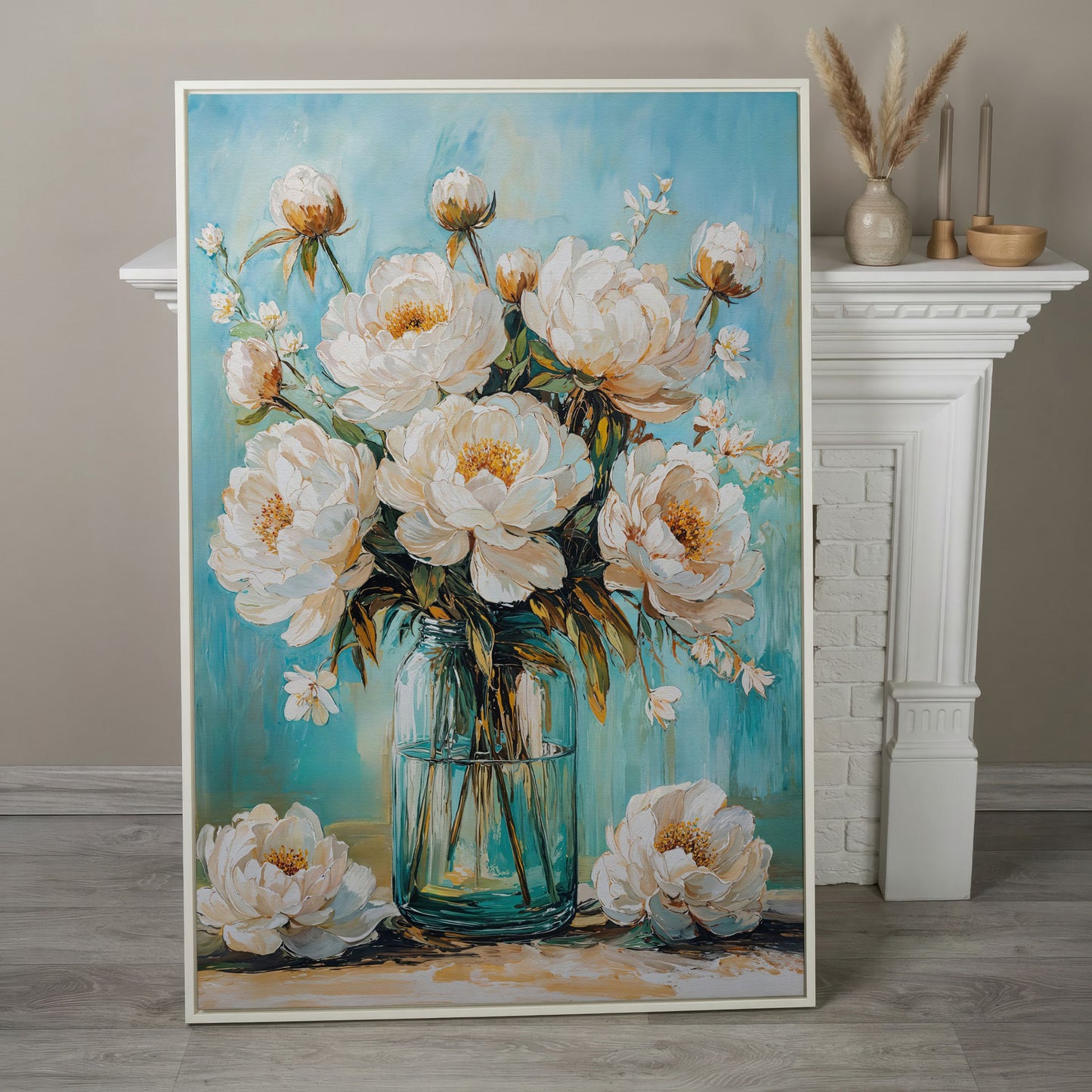 White Peony Bouquet in Glass Jar. Floral Canvas Wall Art in white floating frame