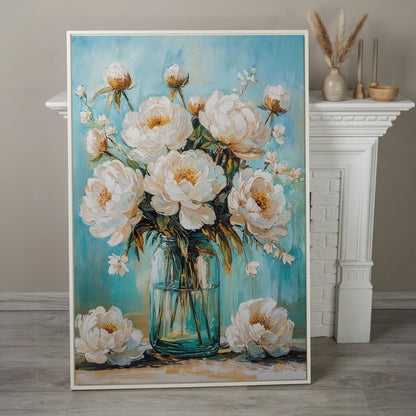 White Peony Bouquet in Glass Jar. Floral Canvas Wall Art in white floating frame