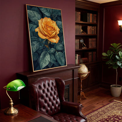 Yellow Rose with Green Leaves Canvas in antique gold floating frame