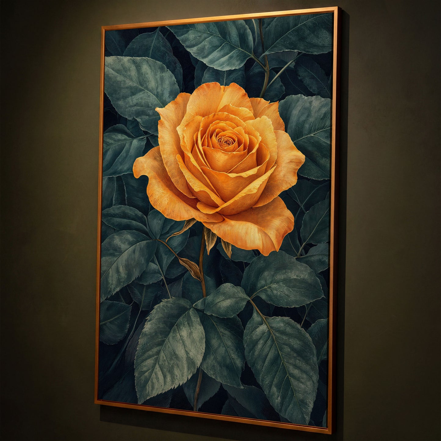 Yellow Rose with Green Leaves Canvas shown in antique gold floating frame