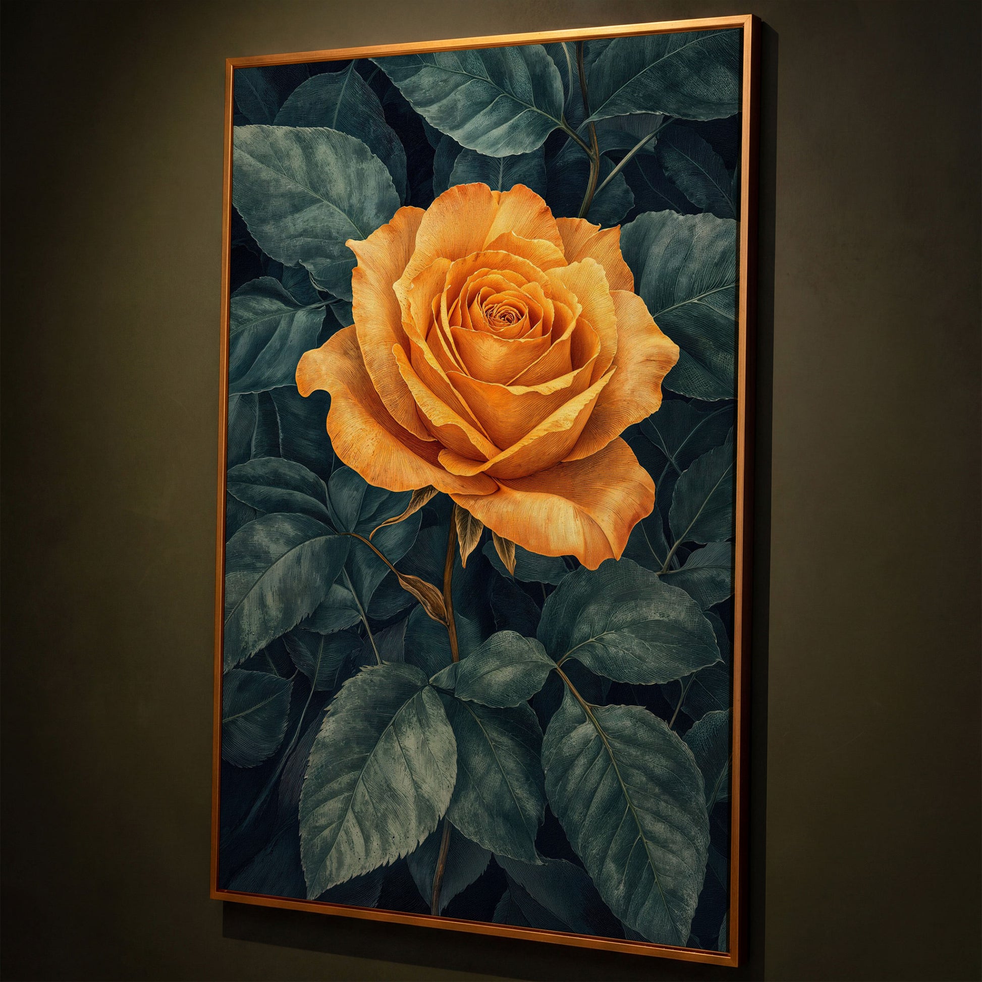 Yellow Rose with Green Leaves Canvas shown in antique gold floating frame