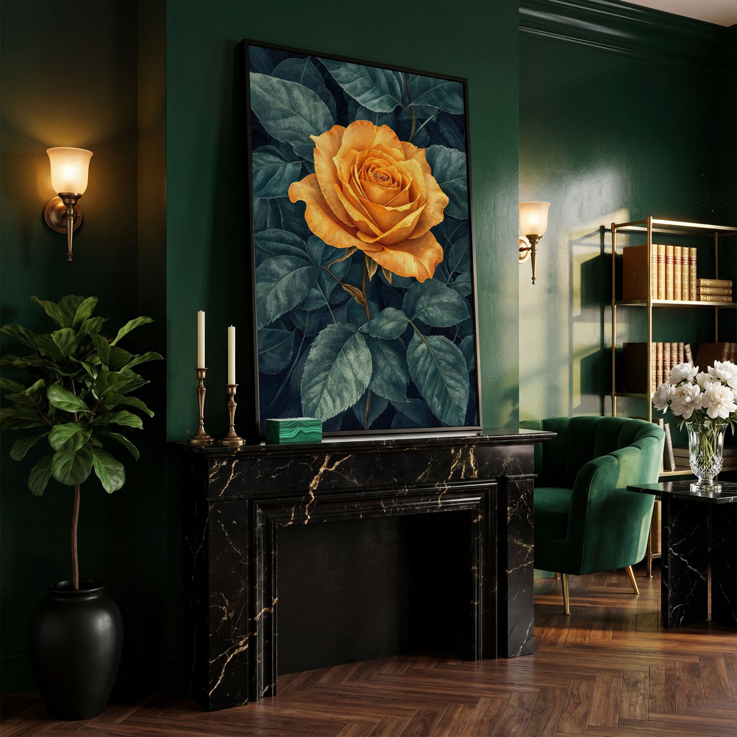 Yellow Rose with Green Leaves Canvas in black floating frame