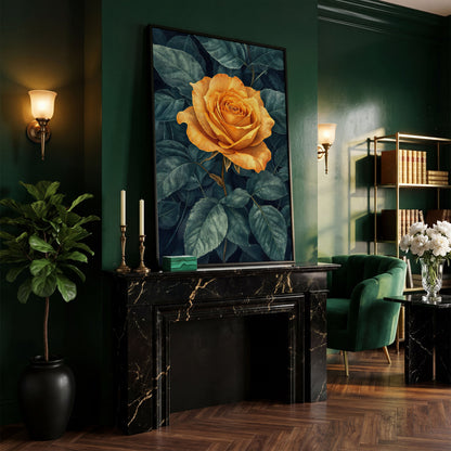 Yellow Rose with Green Leaves Canvas in black floating frame
