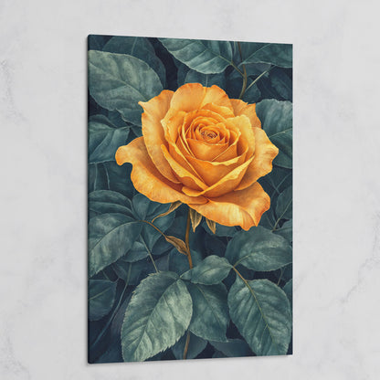 Yellow Rose with Green Leaves Canvas on gallery wrap
