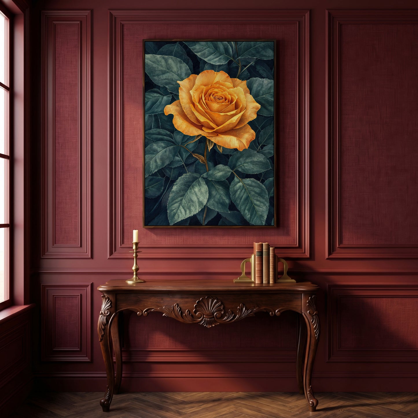 Yellow Rose with Green Leaves Canvas in dark walnut floating frame