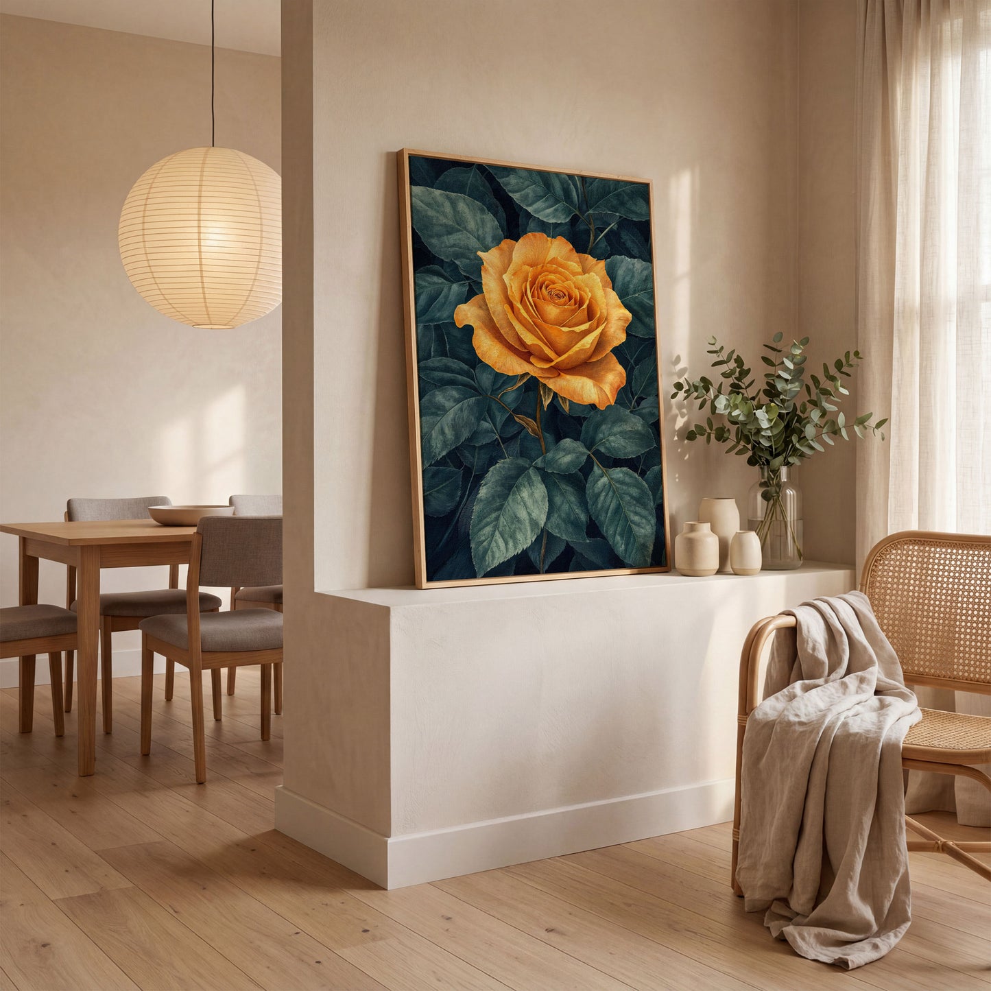 Yellow Rose with Green Leaves Canvas in white oak floating frame