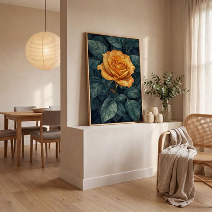 Yellow Rose with Green Leaves Canvas in white oak floating frame