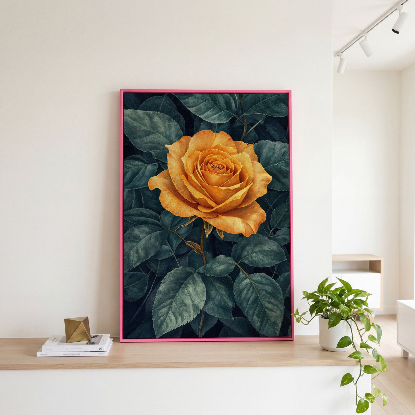 Yellow Rose with Green Leaves Canvas in pink floating frame