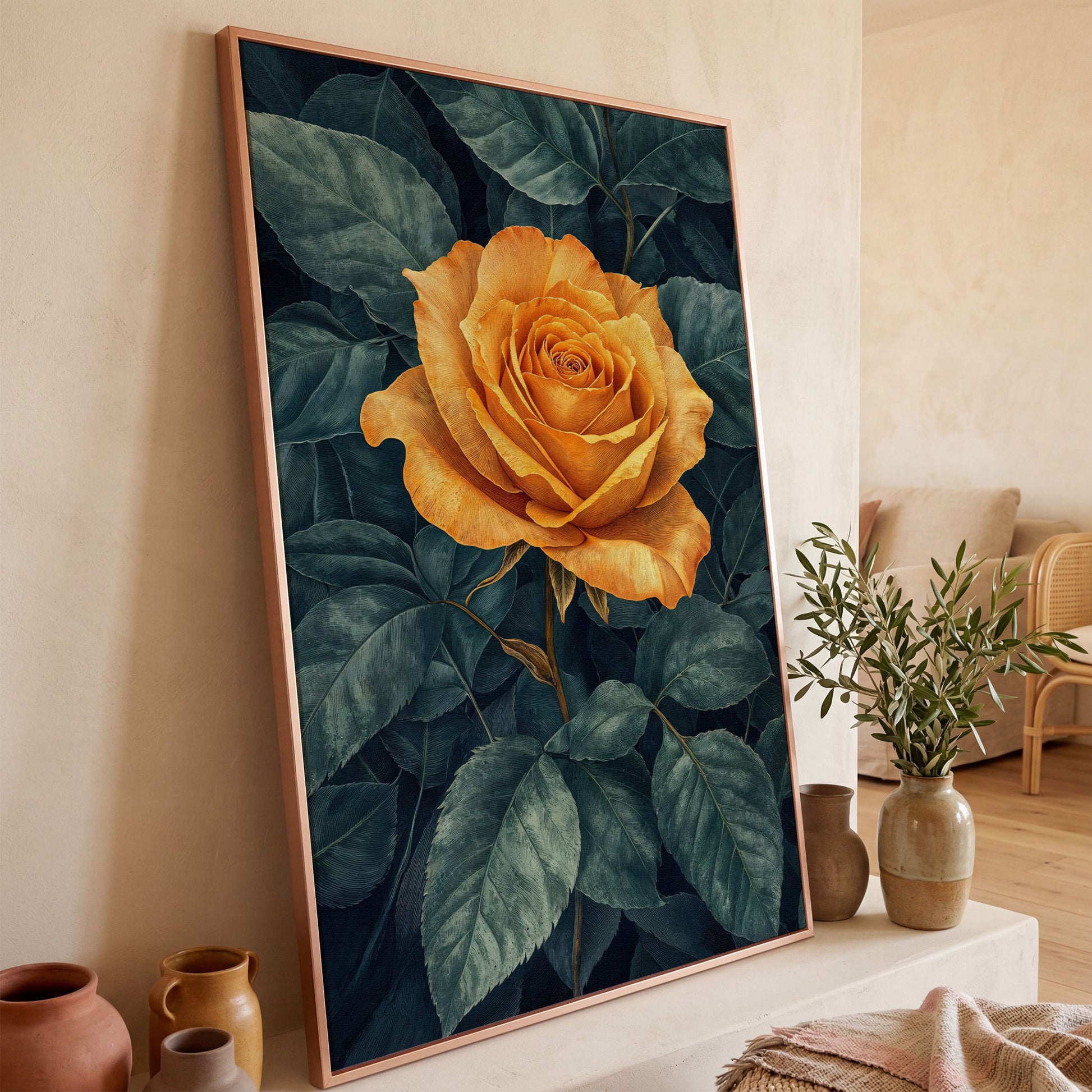 Yellow Rose with Green Leaves Canvas in rose gold floating frame