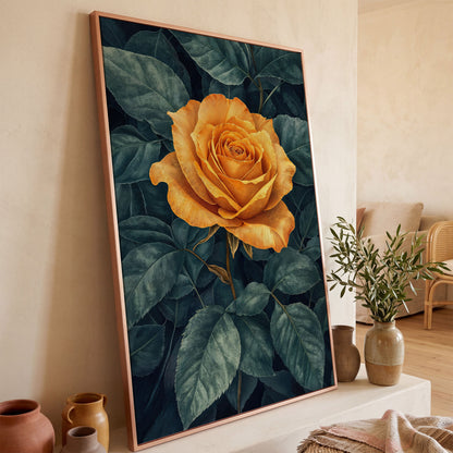 Yellow Rose with Green Leaves Canvas in rose gold floating frame