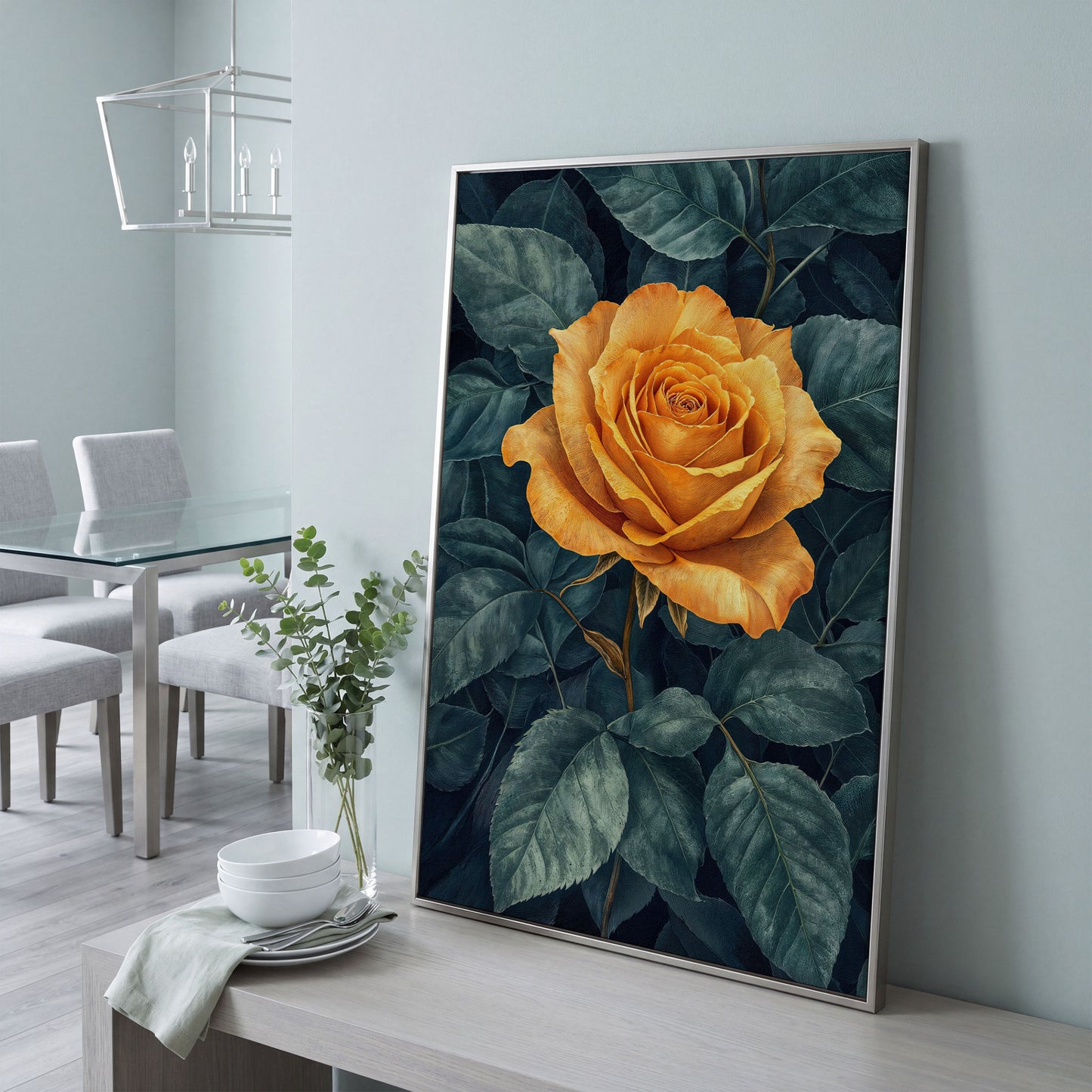 Yellow Rose with Green Leaves Canvas in silver floating frame