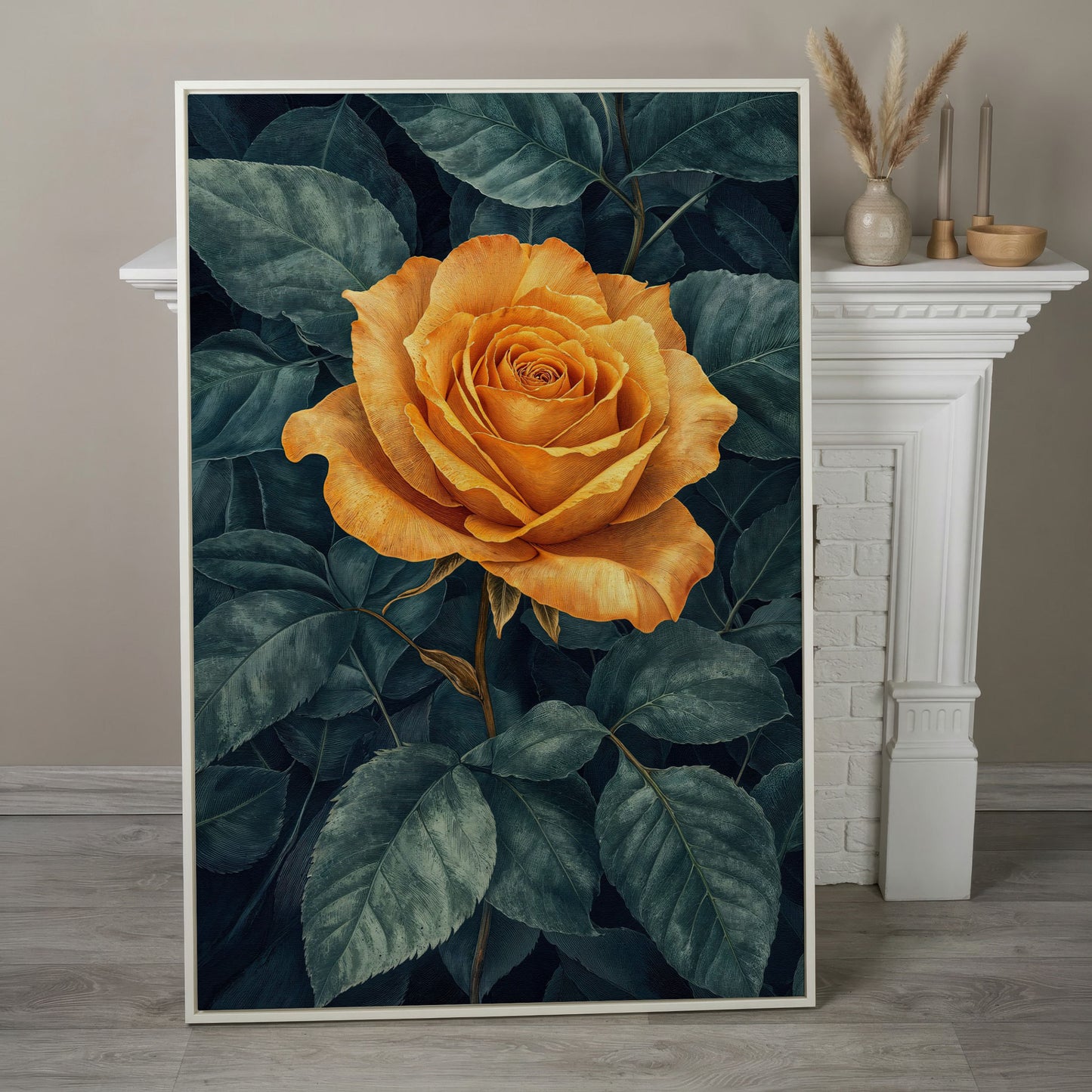 Yellow Rose with Green Leaves Canvas in white floating frame