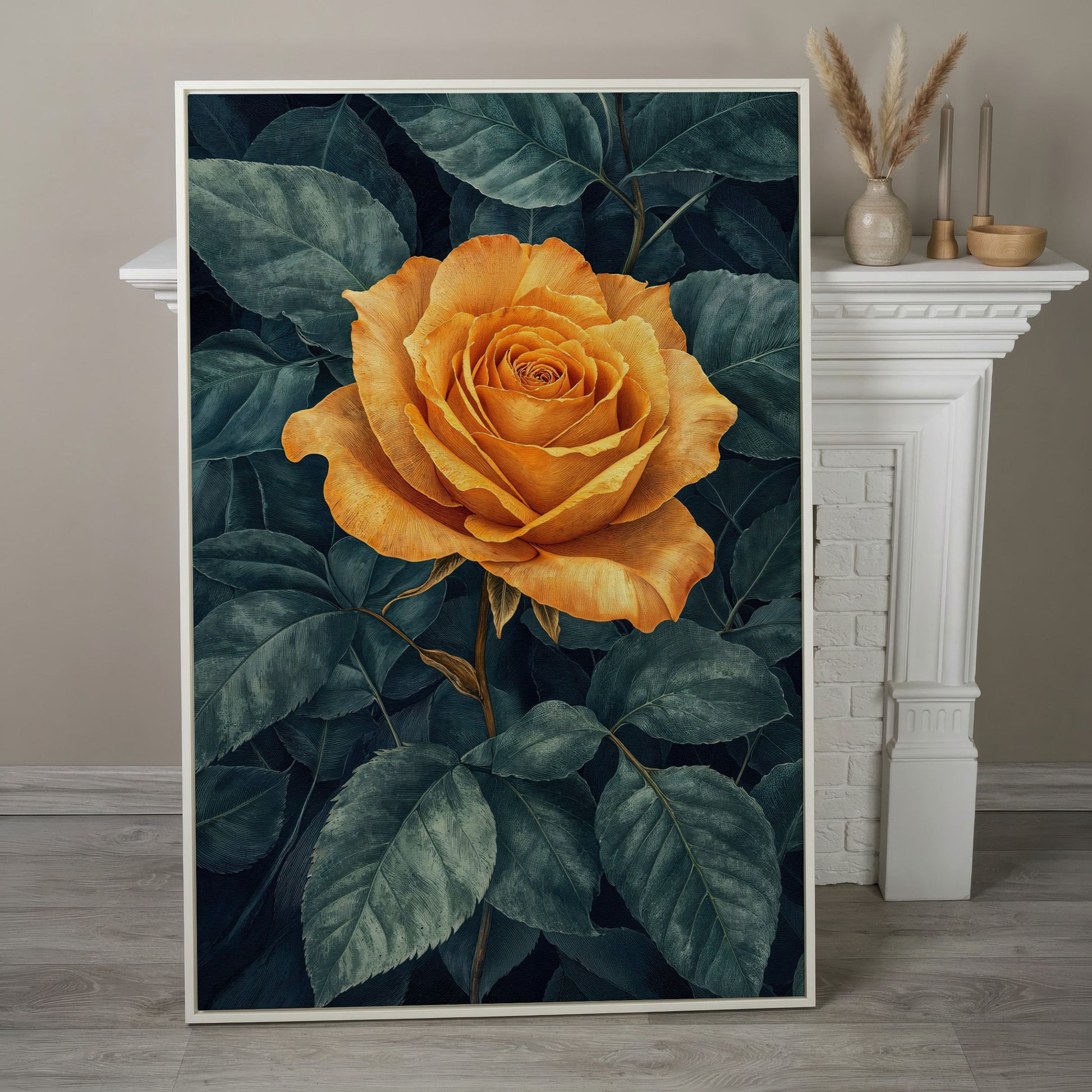 Yellow Rose with Green Leaves Canvas in white floating frame