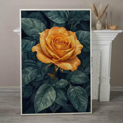 Yellow Rose with Green Leaves Canvas in white floating frame