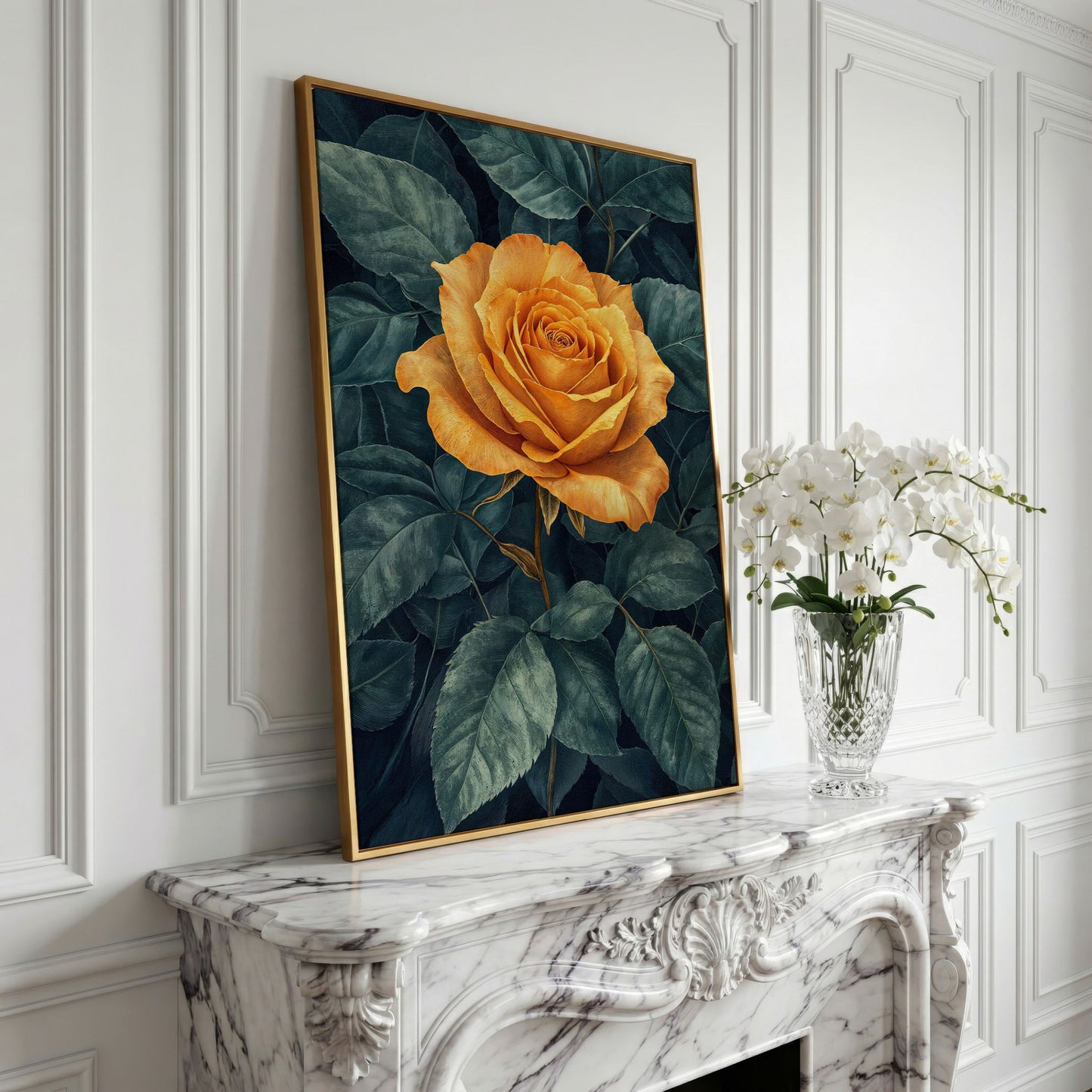 Yellow Rose with Green Leaves Canvas in yellow gold floating frame