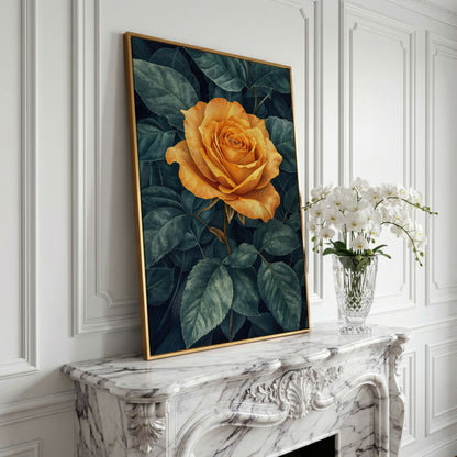 Yellow Rose with Green Leaves Canvas in yellow gold floating frame