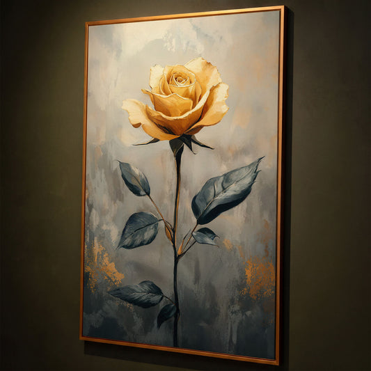 Yellow Rose on Slate Canvas shown in antique gold floating frame