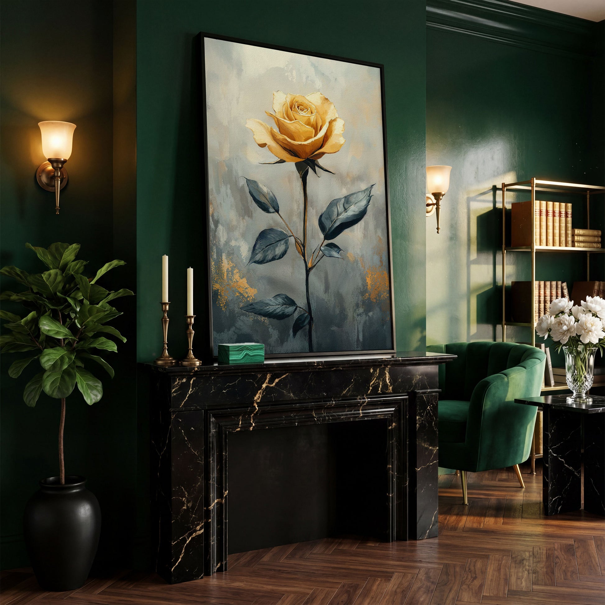 Yellow Rose on Slate Canvas in black floating frame