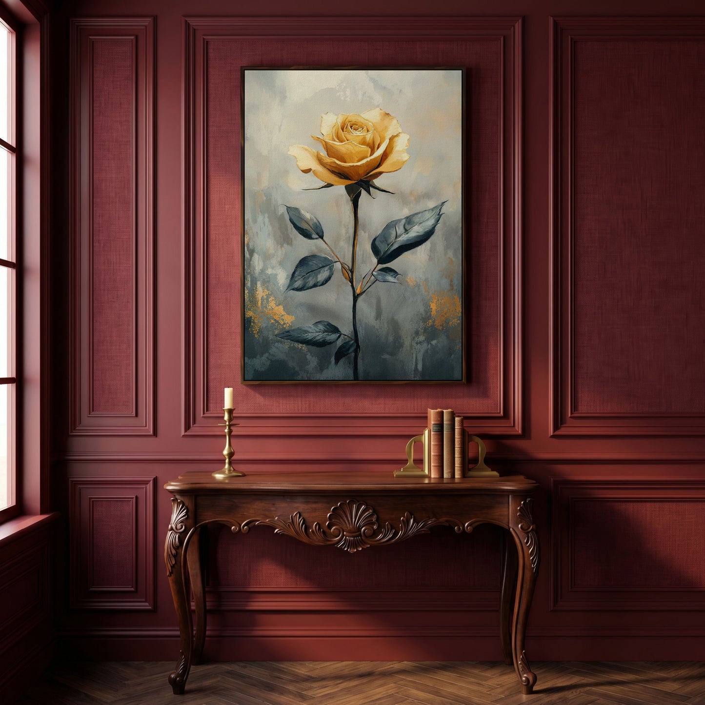 Yellow Rose on Slate Canvas in dark walnut floating frame