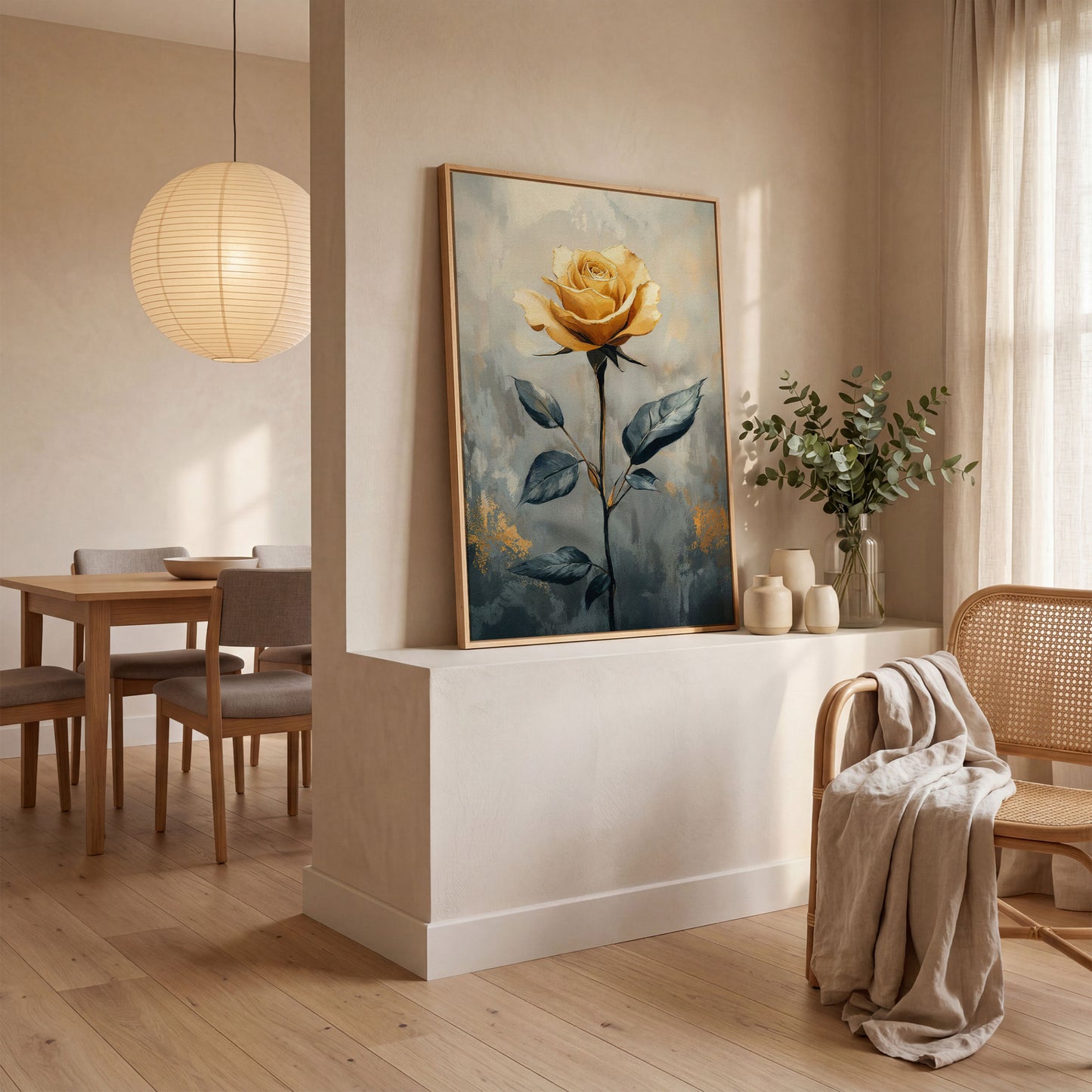 Yellow Rose on Slate Canvas in white oak floating frame