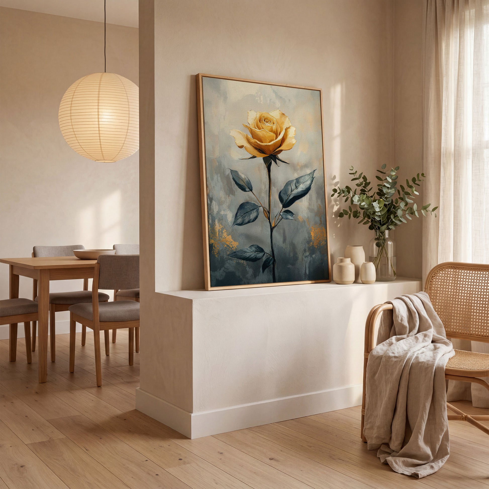 Yellow Rose on Slate Canvas in white oak floating frame