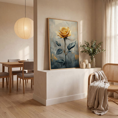 Yellow Rose on Slate Canvas in white oak floating frame