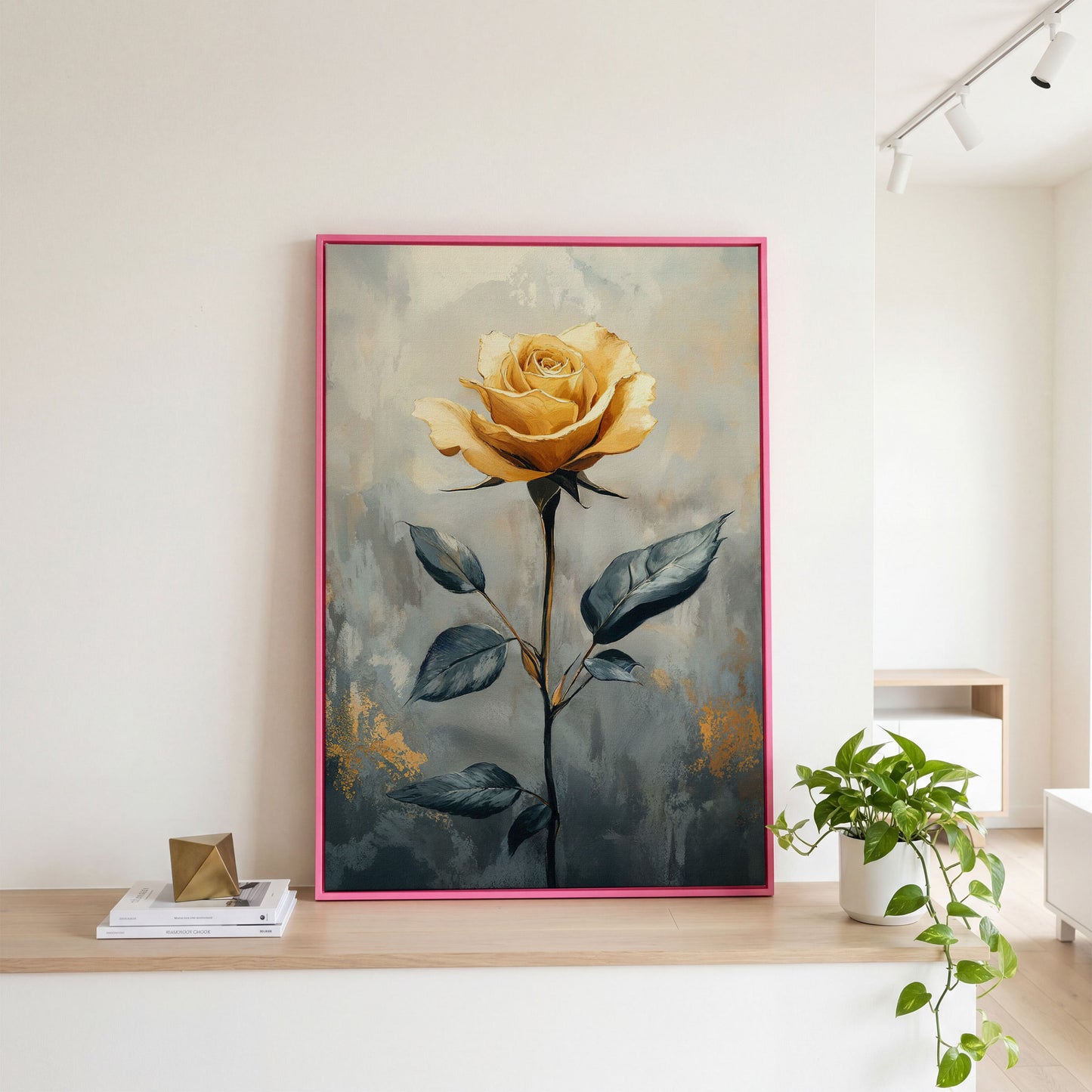 Yellow Rose on Slate Canvas in pink floating frame